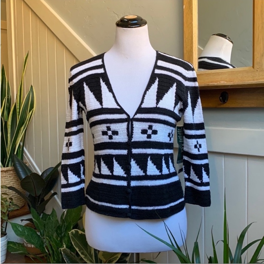 NWT Lauren Ralph Lauren Sevilla Hand Knit Cardigan Sweater Pearl and Black Knit
